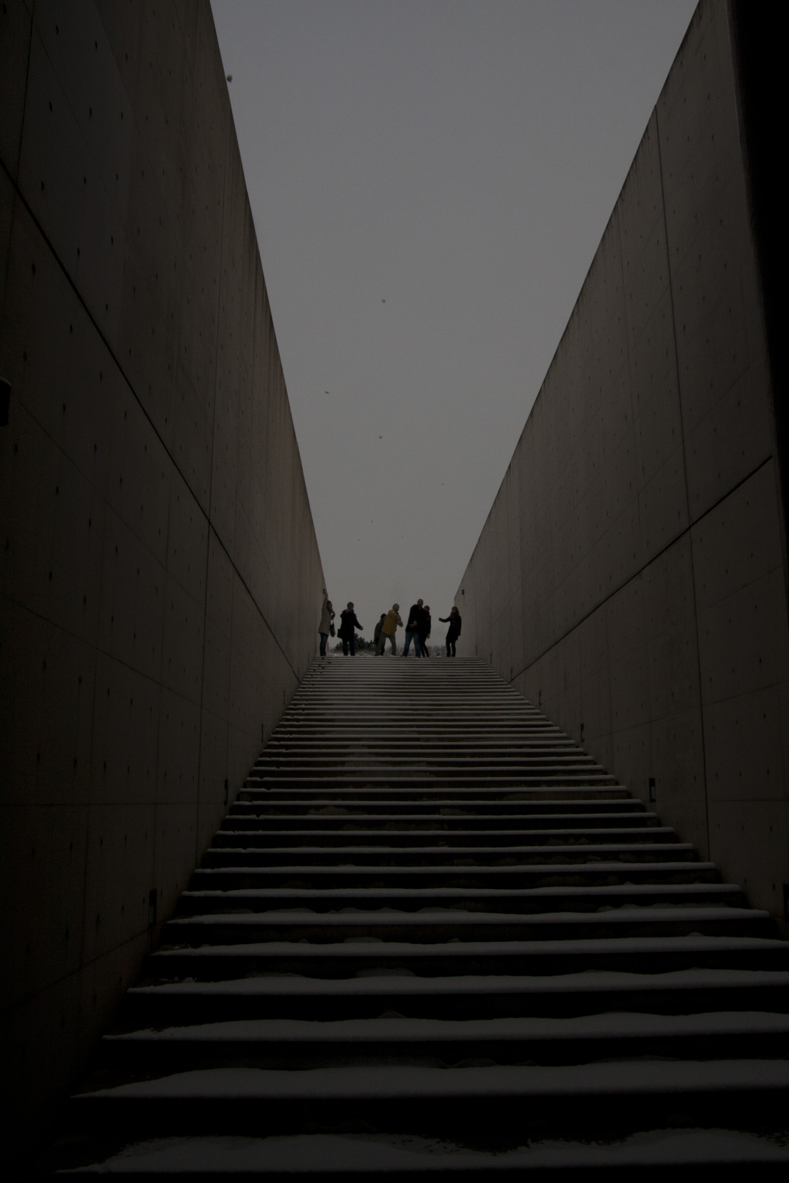 Studenten bewerfen den Fotografen am oberen Ende der Treppe der Langen Foundation von Tadao Ando